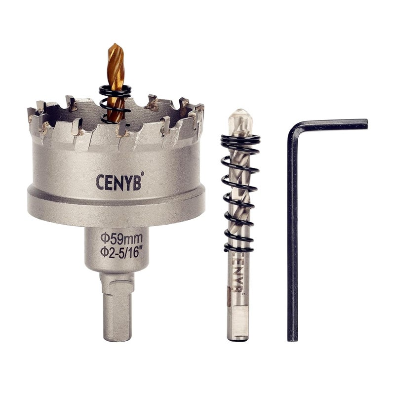 cenyb 2-5/16" (59mm) Tungsten Carbide Tipped Hole Saw with 2Pcs Titanium-Plated Pilot Drill Bits for Hard Metal,Stainless Steel,Iron,Aluminum Alloy,Wood and Plastic - Image 1